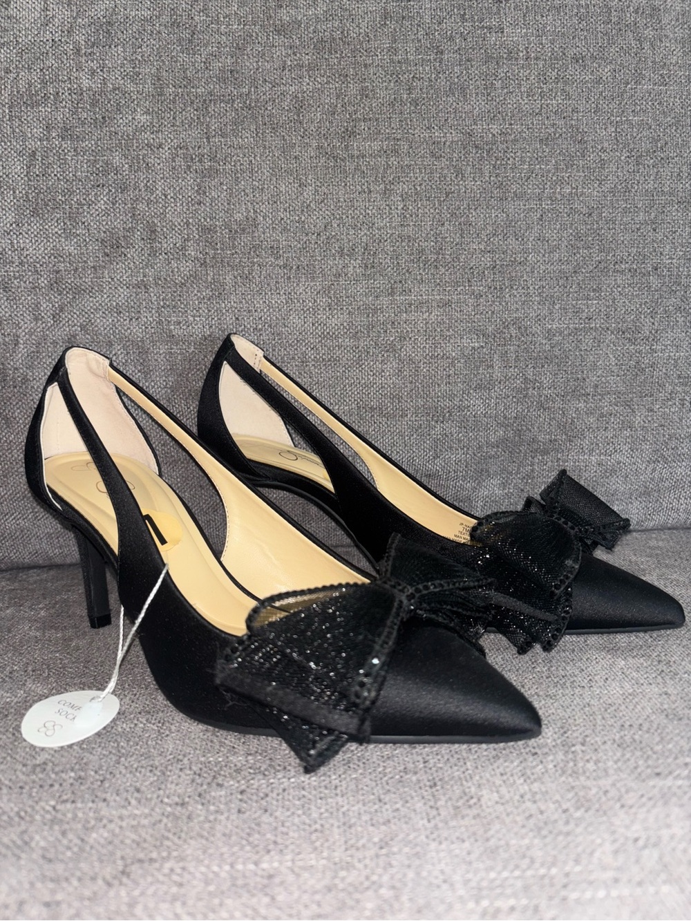 🎀Jessica Simpson Black Satin Pointed Slingback Heels with Decorative Bow